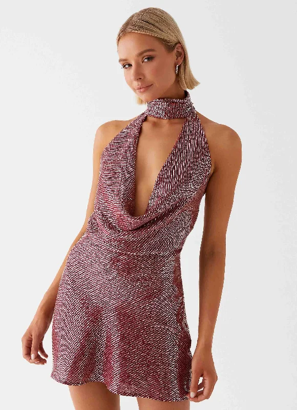 Nora Sequin Cowl Neck Mini Dress - Red