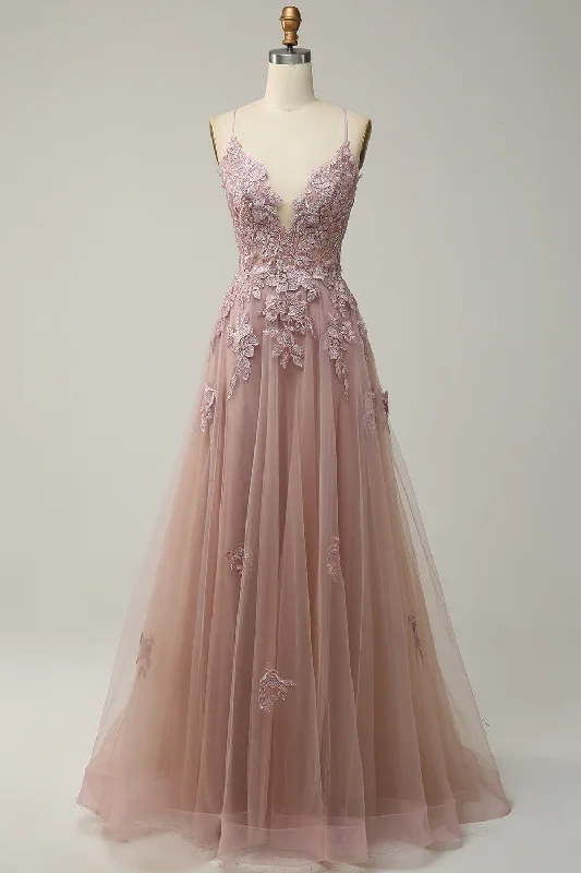 A-Line Spaghetti Straps Blush Long Prom Dress with Appliques