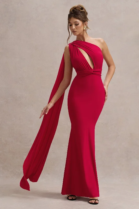 Akira | Red Asymmetric Knot Maxi Dress With Sash