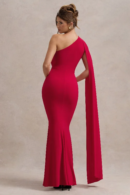 Akira | Red Asymmetric Knot Maxi Dress With Sash