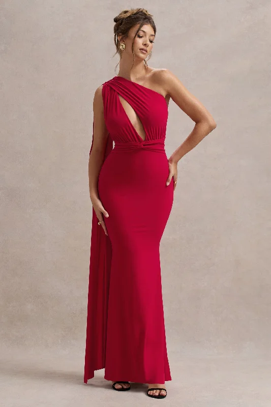 Akira | Red Asymmetric Knot Maxi Dress With Sash