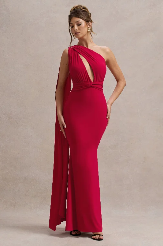 Akira | Red Asymmetric Knot Maxi Dress With Sash