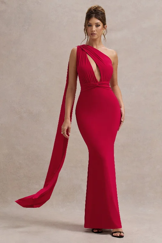 Akira | Red Asymmetric Knot Maxi Dress With Sash