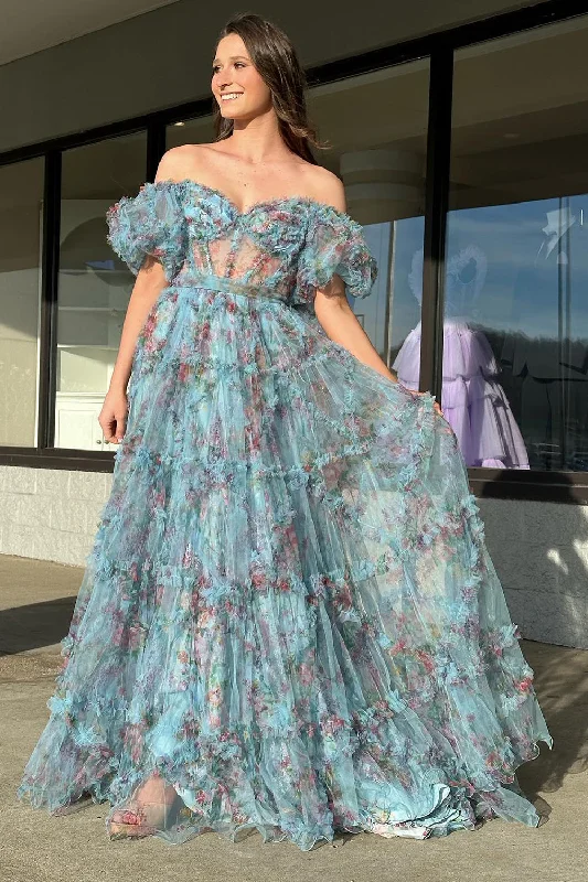 Green Flower Off The Shoulder Prom Dress