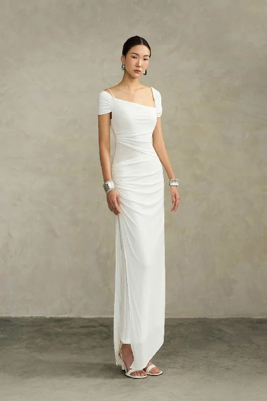 Ivory Sheath Asymmetric Neck Knit Floor Length Dress