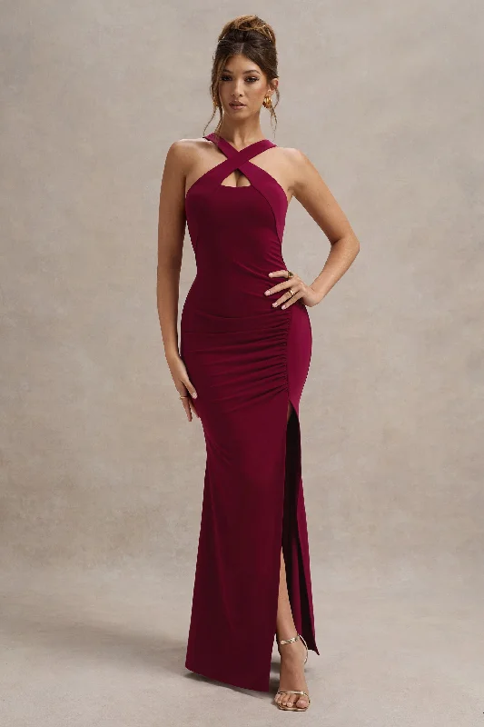 Jianna | Wine Cross Over Halter-Neck Split Maxi Dress