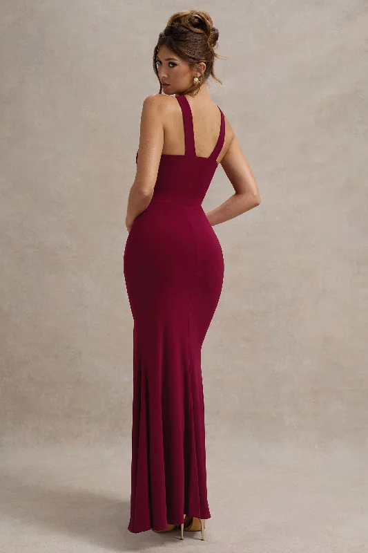 Jianna | Wine Cross Over Halter-Neck Split Maxi Dress