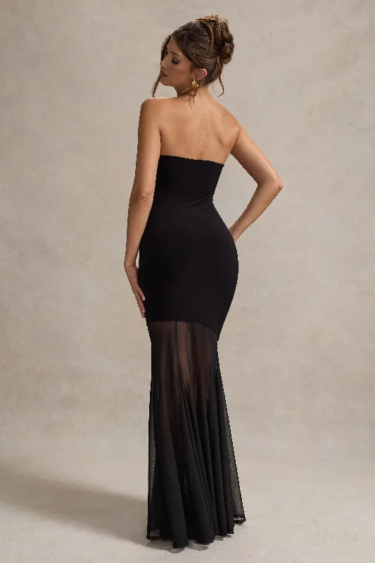 Kaylen | Black Bandeau Mesh Fishtail Maxi Dress