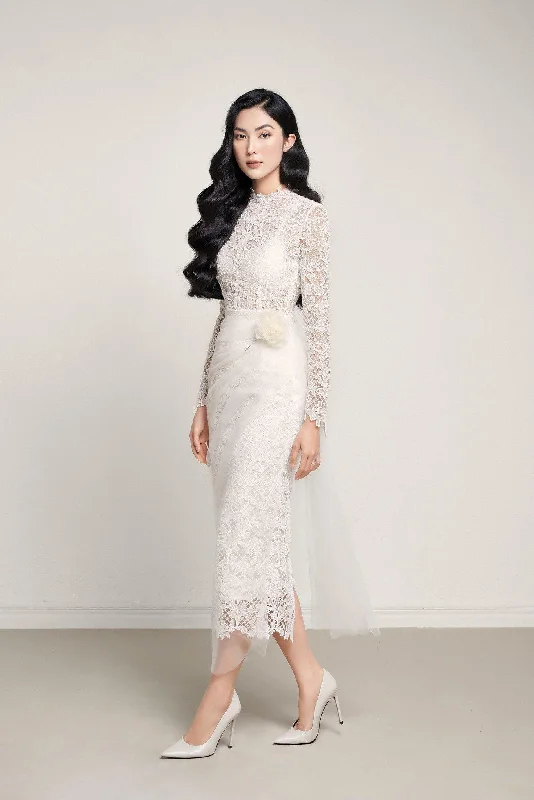 Louvre Pencil Long Sleeved Lace Midi Dress