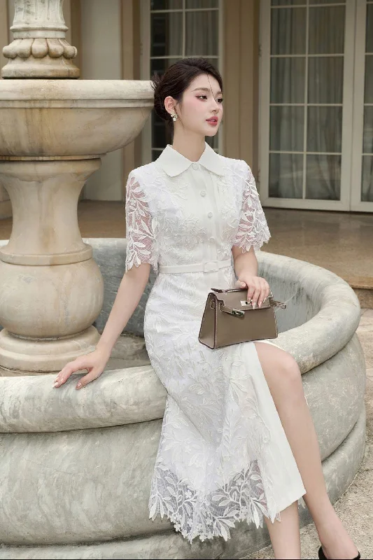 Muses A-line Short Sleeved Lace Midi Dress