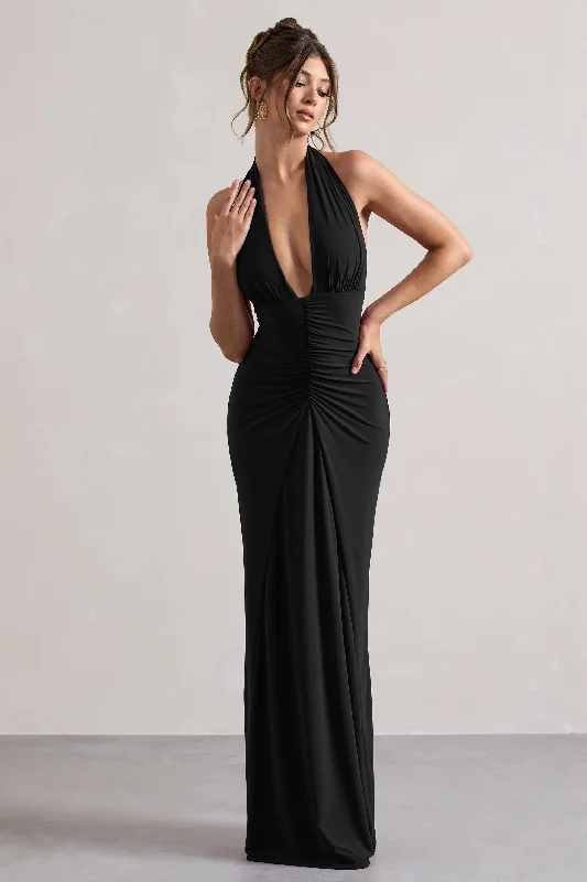 Payton | Black Ruched Halter-Neck Maxi Dress