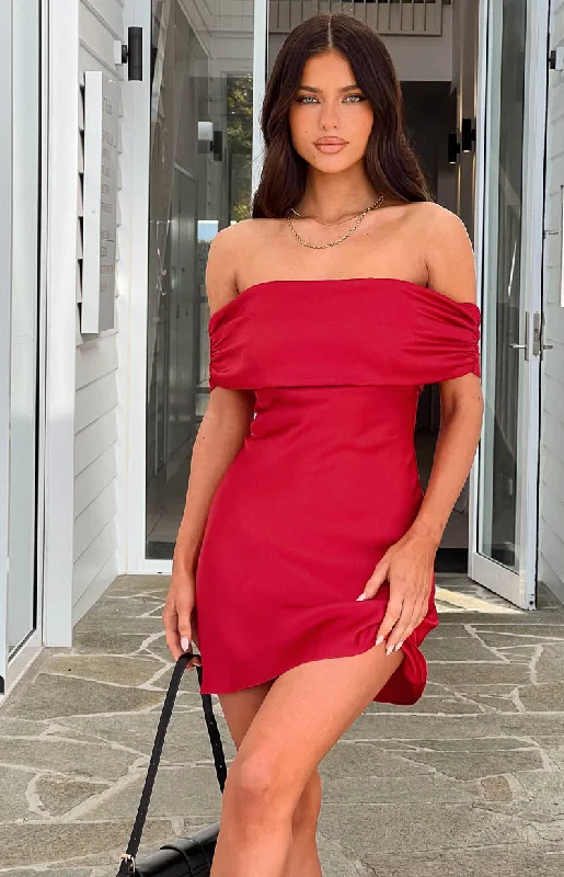 Primrose Red Satin Off the Shoulder Mini Dress