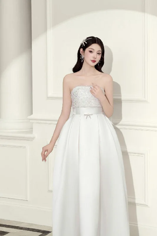 Princess Strapless Straight Across Neck Taffeta Ankle Length Dress