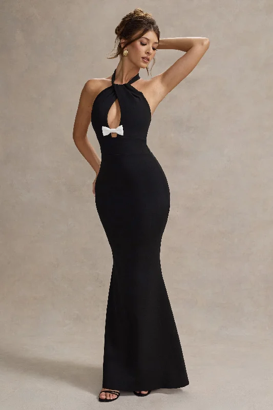 Raelynn | Black Halter-Neck Cut-Out Maxi Dress With Bow