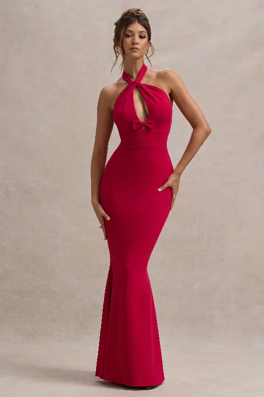 Raelynn | Red Halter-Neck Cut-Out Maxi Dress With Bow