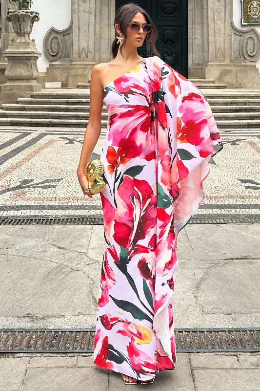 Sarita | Pink Floral Print One-Shoulder Cape Sleeve Maxi Dress