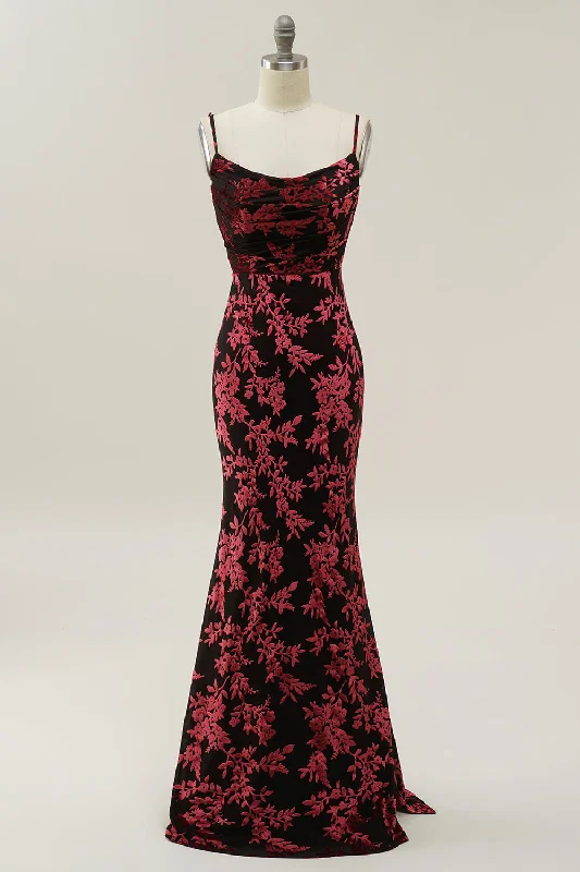 Sheath Spaghetti Straps Burgundy Printed Velvet Long Prom Dress with Silt