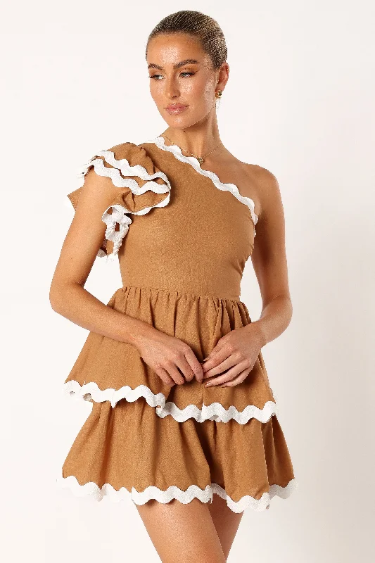 Yolanda One Shoulder Mini Dress - Tan White