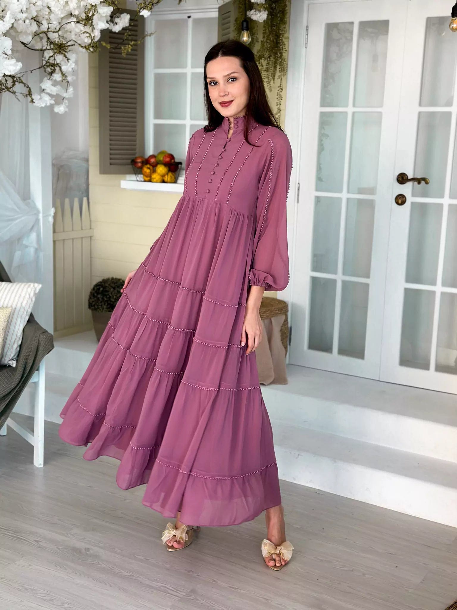 Amber Lace Solid Long Dress - Mauve