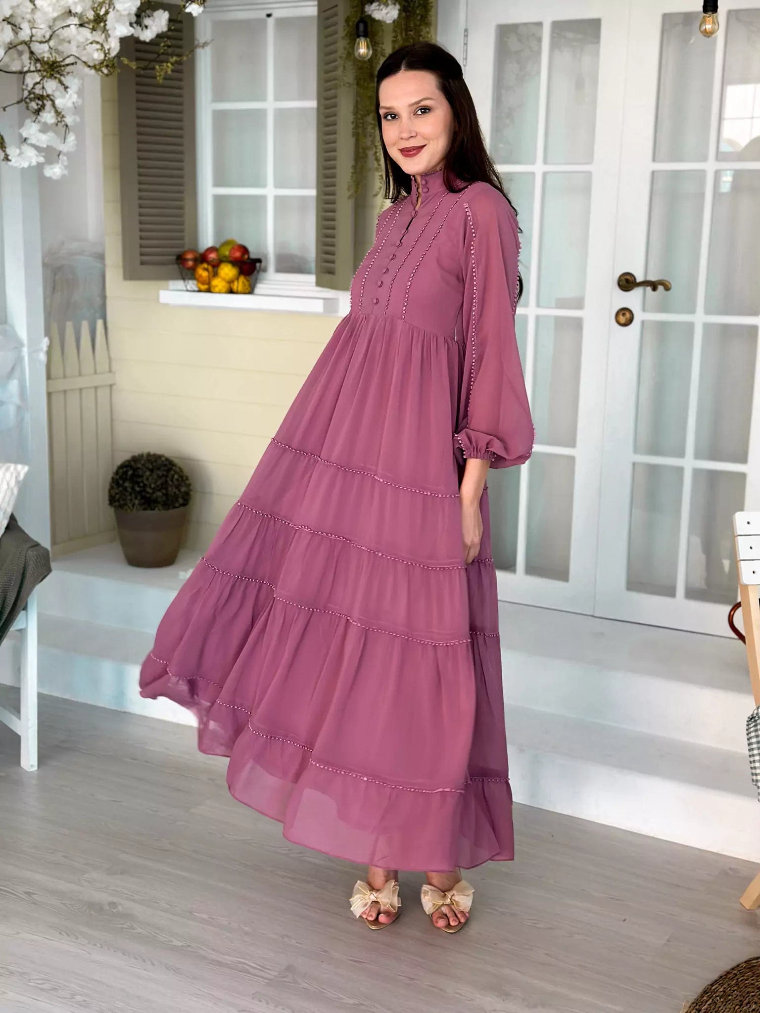 Amber Lace Solid Long Dress - Mauve