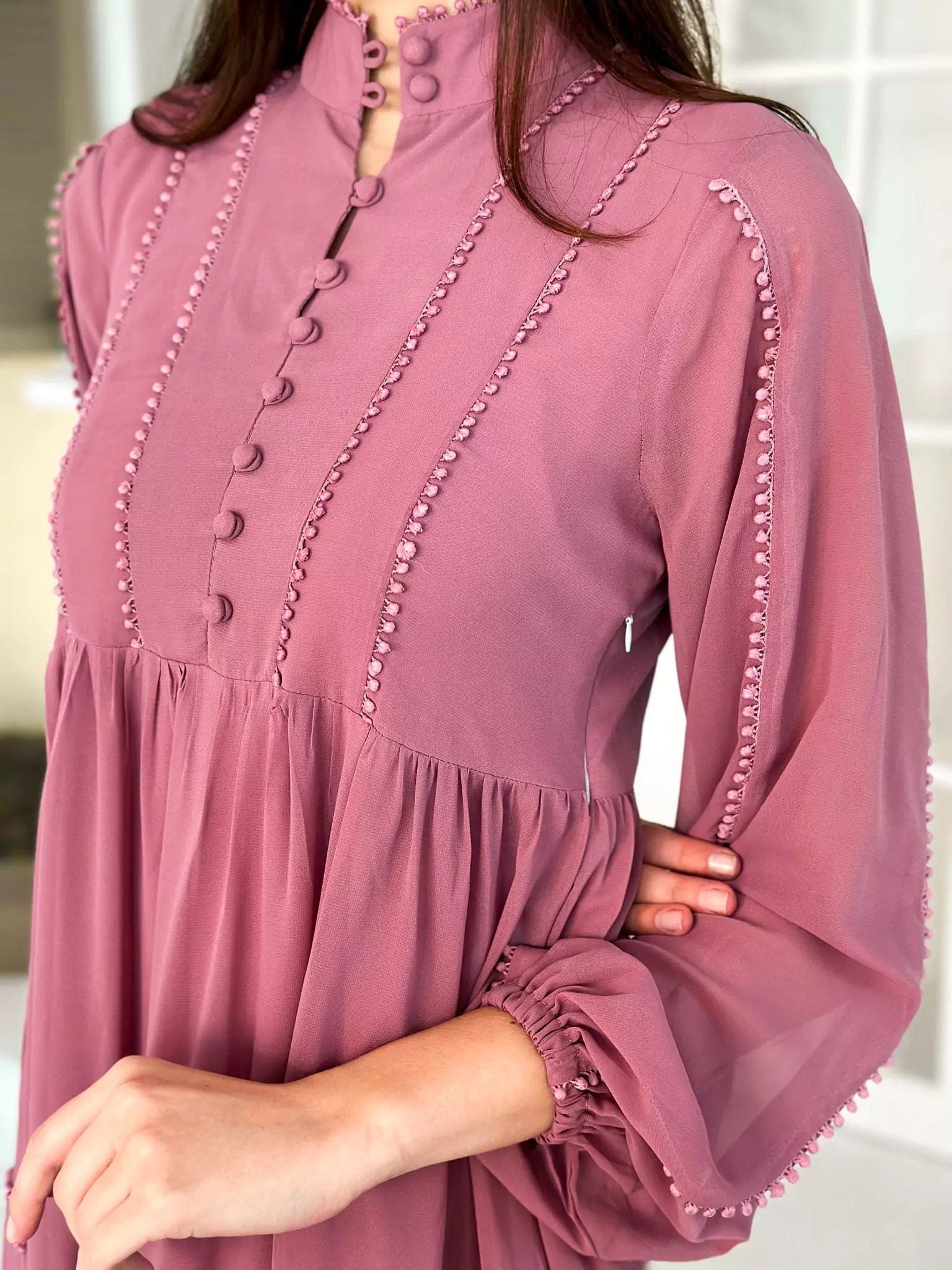 Amber Lace Solid Long Dress - Mauve