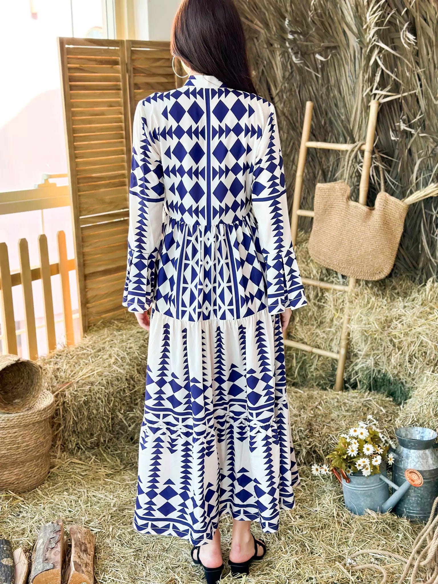 Blue Merry Geometric Dress - Blue and White