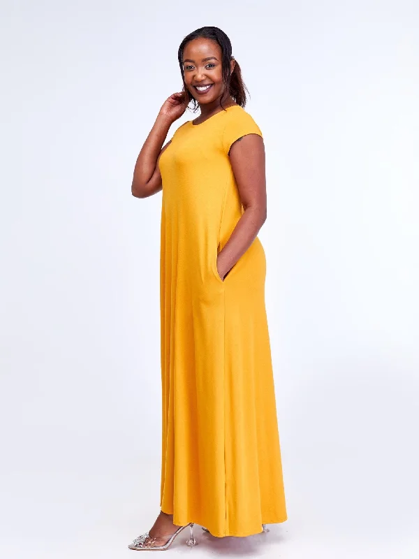 Vivo Leila Cap Sleeve Tent Maxi Dresses - Mustard