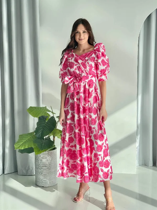 Flora - Long Pink Cotton Floral Dress