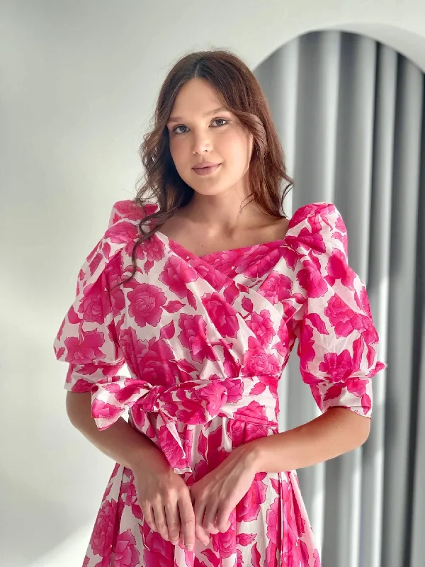 Flora - Long Pink Cotton Floral Dress