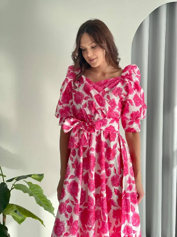 Flora - Long Pink Cotton Floral Dress