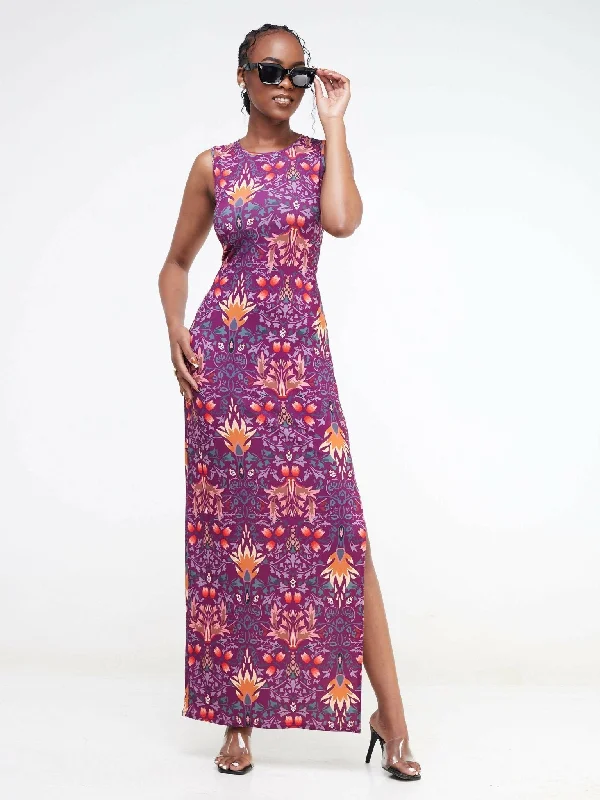 Jaidden Trendy Floral Maxi With a Slit - Purple Print