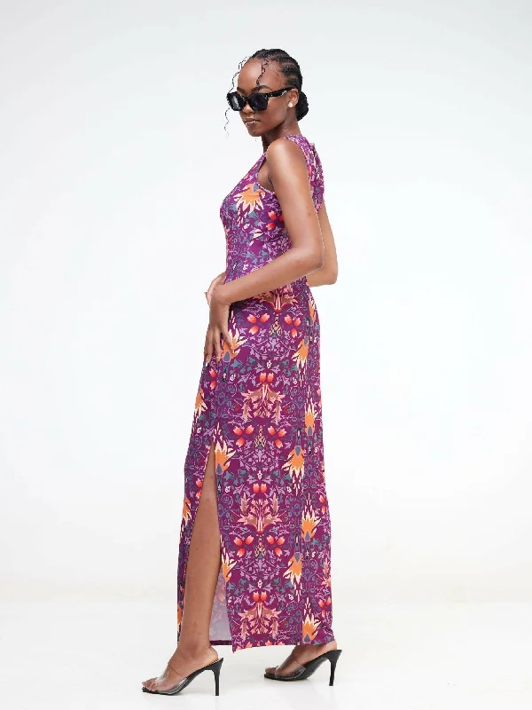 Jaidden Trendy Floral Maxi With a Slit - Purple Print