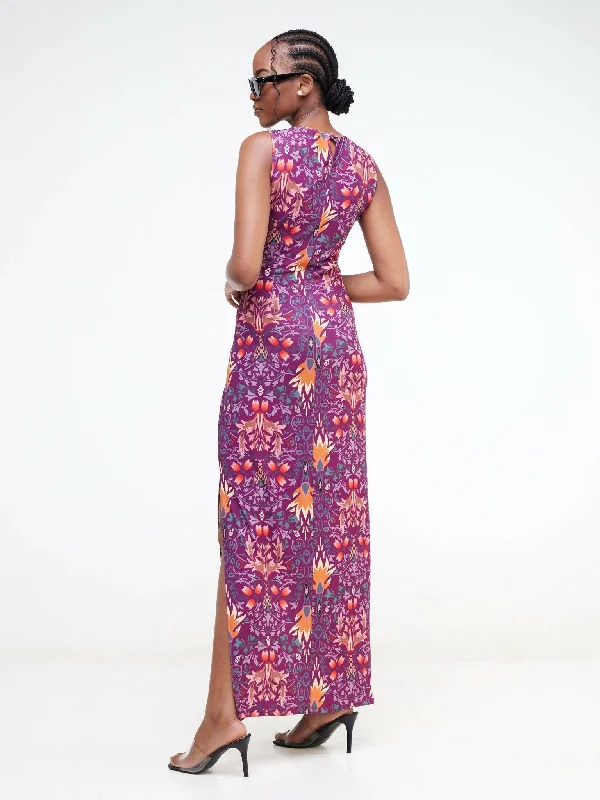 Jaidden Trendy Floral Maxi With a Slit - Purple Print