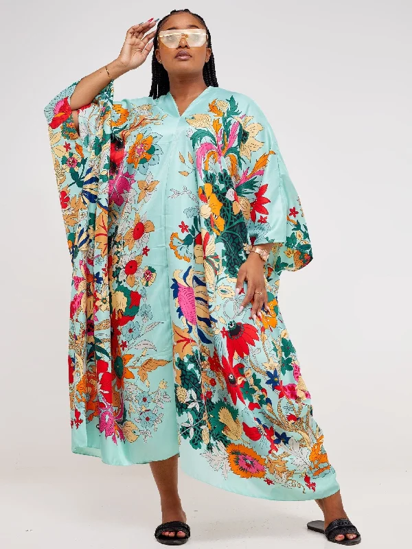 Sayuri V-Neck Animated Flower Print Kaftan - Mint