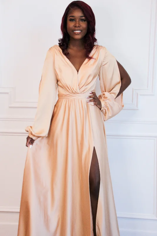 Scarlett Long Sleeve Slit Formal Dress: Champagne