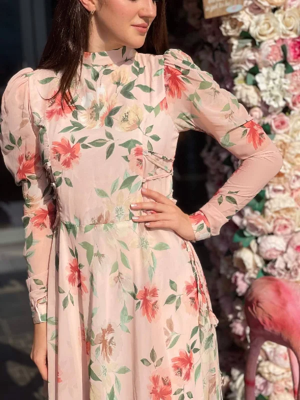 Victoria - Peach Floral Maxi Dress with Long Sleeves