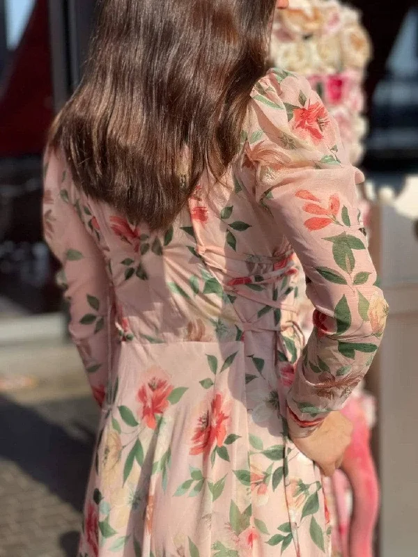 Victoria - Peach Floral Maxi Dress with Long Sleeves