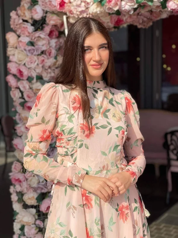 Victoria - Peach Floral Maxi Dress with Long Sleeves