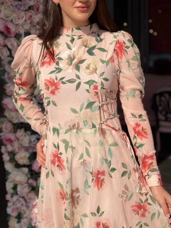 Victoria - Peach Floral Maxi Dress with Long Sleeves