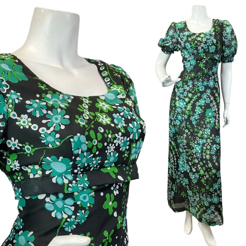 VINTAGE 60s 70s BLACK GREEN DAISY FLOWER PUFF SLEEVE MOD MAXI DRESS 10