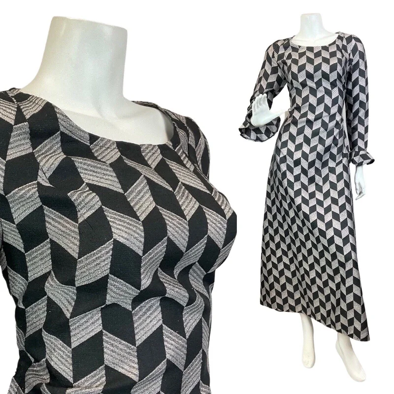 VINTAGE 60s 70s BLACK SILVER LUREX CHEVRON MOD DISCO STUDIO 54 MAXI DRESS 12