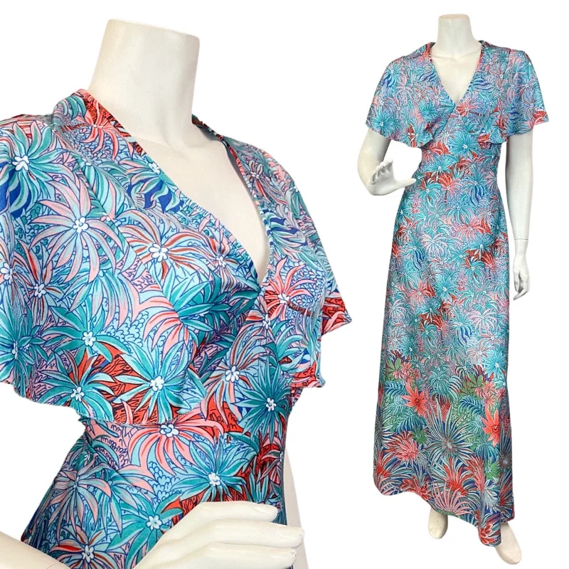 VINTAGE 60s 70s BLUE RED PEACH PSYCHEDELIC PALM LEAF FLORAL CAPED MAXI DRESS 14