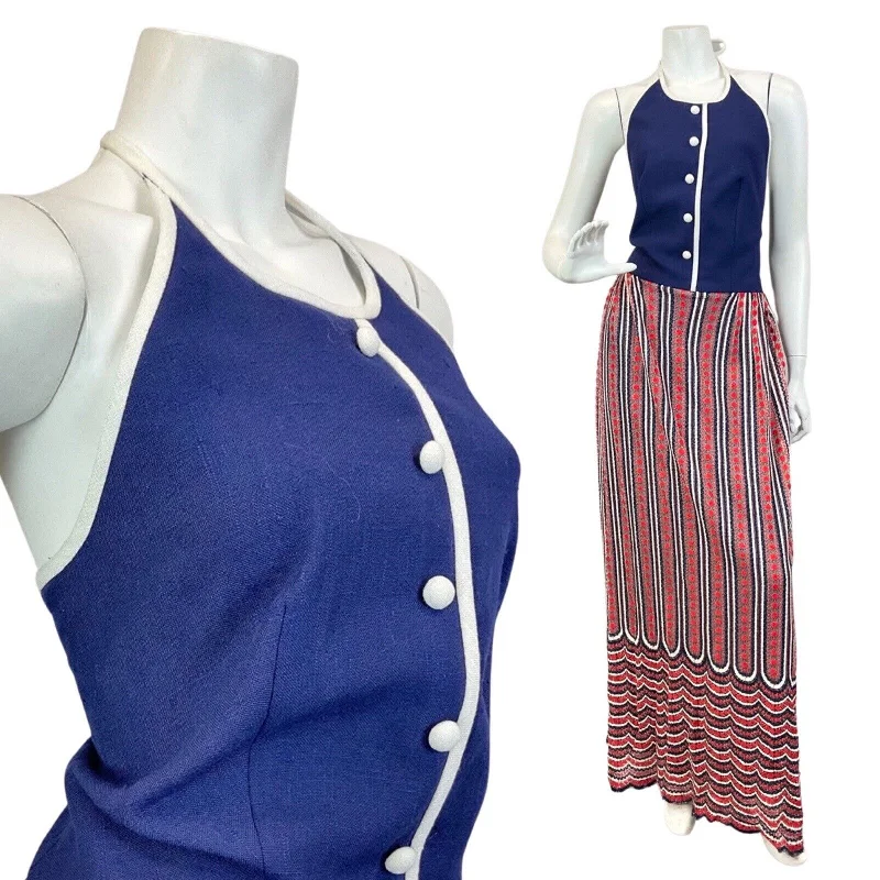 VINTAGE 60s 70s BLUE RED WHITE STRIPED DOTTY KNITTED MOD HALTER MAXI DRESS 8 10