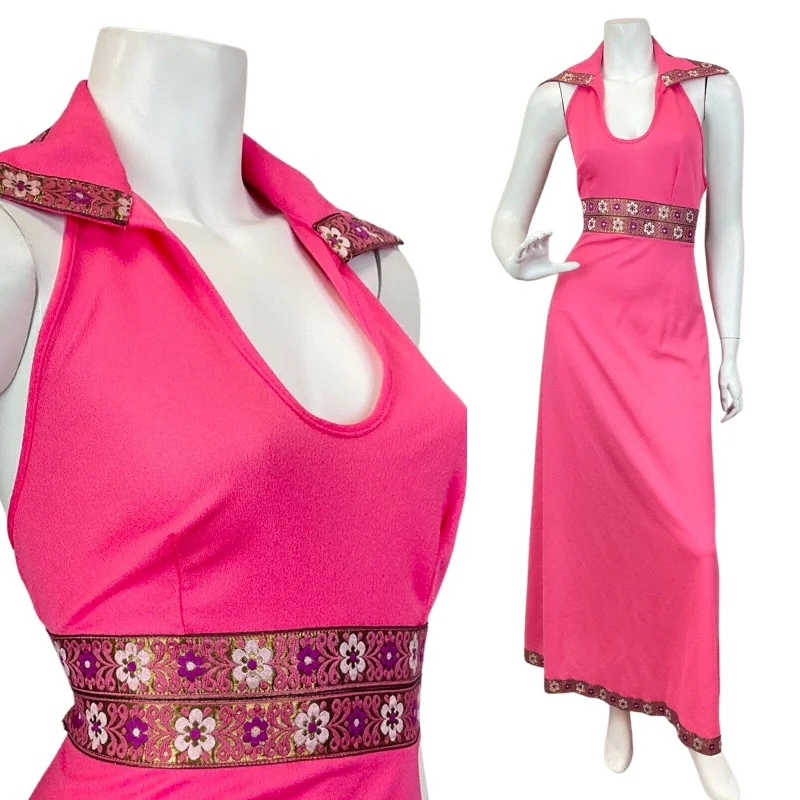 VINTAGE 60s 70s BRIGHT PINK GOLD FLORAL MOD HALTER WING COLLAR MAXI DRESS 8 10