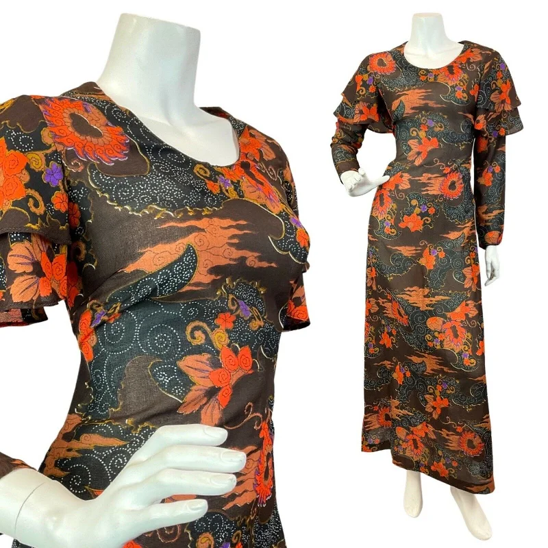 VINTAGE 60s 70s BROWN ORANGE BLACK PSYCHEDELIC SWIRL FLORAL MAXI DRESS 10