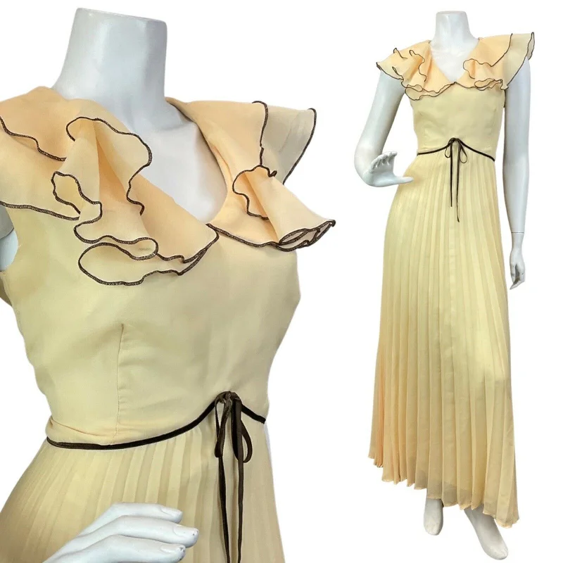 VINTAGE 60s 70s CREAM YELLOW BROWN RUFFLED PLEATED MAXI DRESS 10