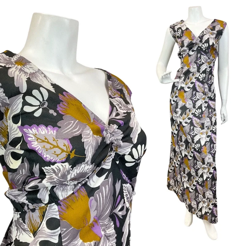 VINTAGE 60s 70s GREY BLACK PURPLE FLORAL LEAFY SLEEVELESS MAXI DRESS 16