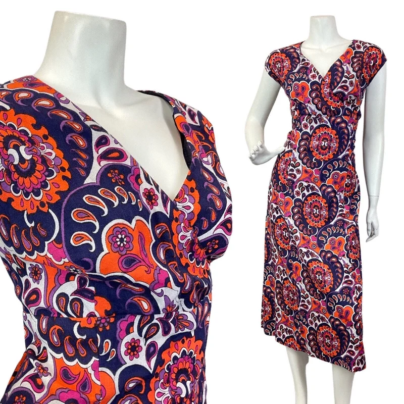 VINTAGE 60s 70s PURPLE BLUE ORANGE PSYCHEDELIC FLORAL PAISLEY MAXI DRESS 16 18