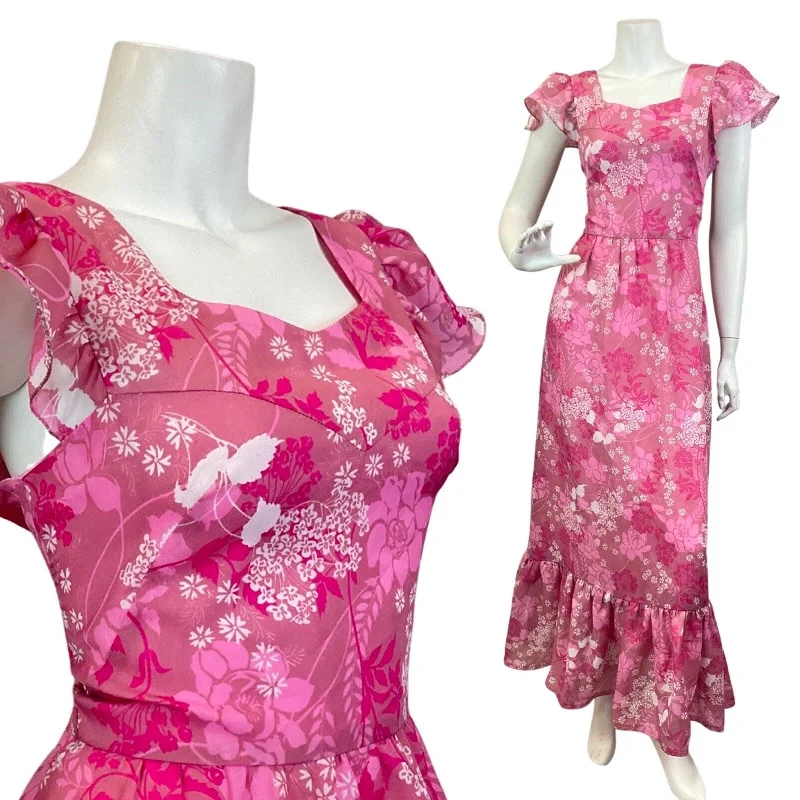 VINTAGE 60s 70s ROSE PINK WHITE RUFFLED FLORAL LEAFY MAXI DRESS 8