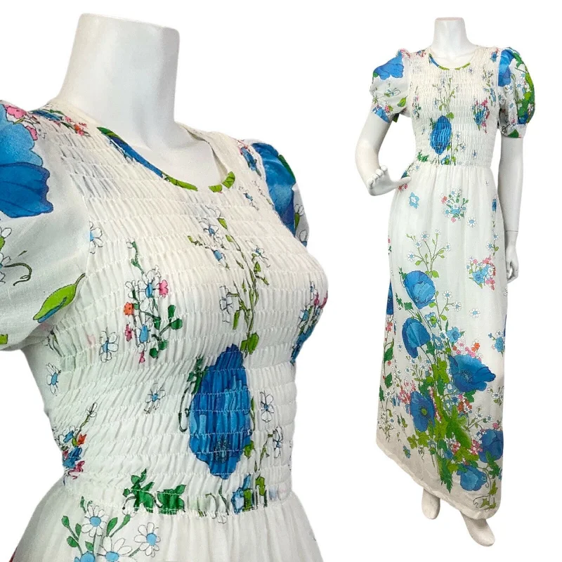 VINTAGE 60s 70s WHITE BLUE GREEN DAISY POPPY FLORAL BOHO PRAIRIE MAXI DRESS 8